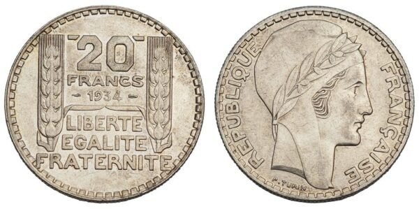 FRANCE 20 francs 1934 / Silver / XF