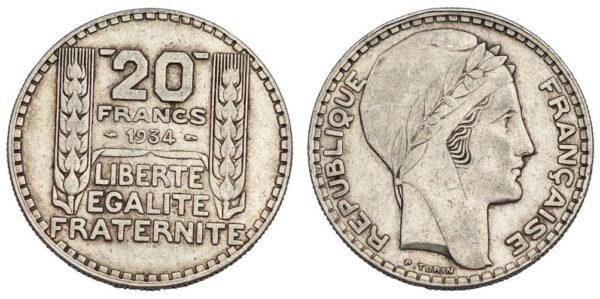 FRANCE 20 francs 1934 / Silver / VF
