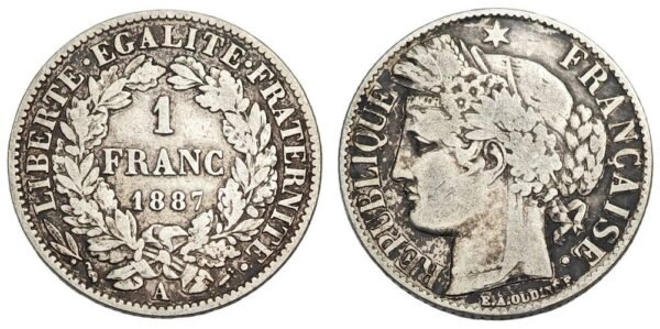 FRANCE 1 franc 1887A / Silver / VF