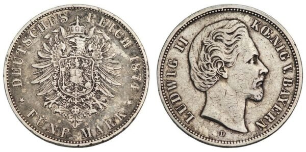 GERMANY 5 mark 1874D / Bavaria / Silver / VF