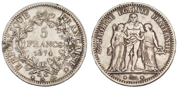 FRANCE 5 francs 1874A / Silver / VF