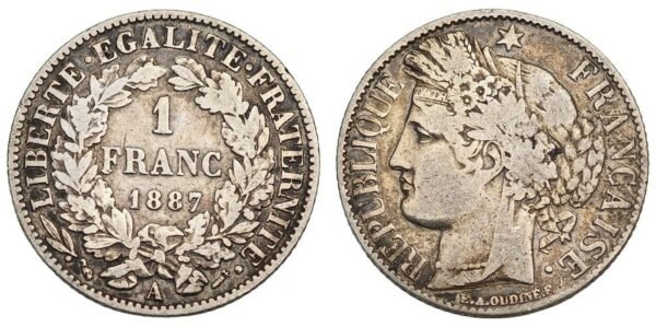 FRANCE 1 franc 1887A / Silver / VF