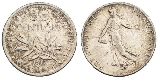 FRANCE 50 centimes 1917 / Silver / VF