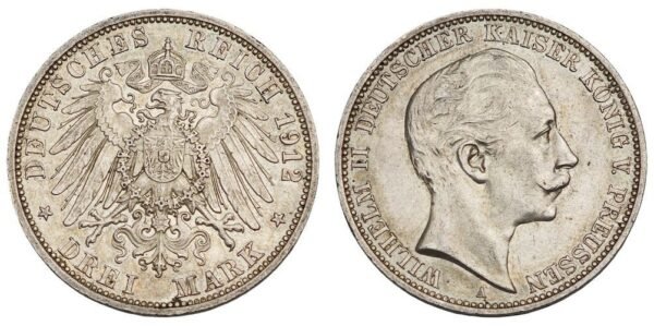 GERMANY 3 mark 1914A / Prussia / Silver / XF
