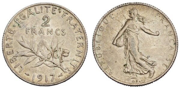 FRANCE 2 francs 1917 / Silver / XF-