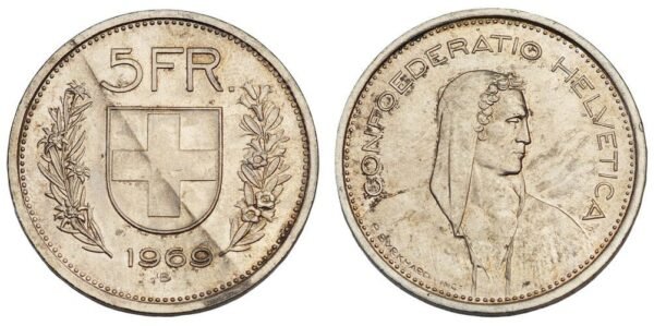 SWITZERLAND 5 francs 1969 / Silver / VF+