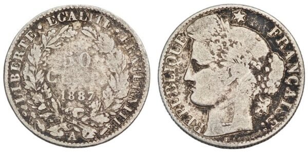 FRANCE 50 centimes 1887A / Silver / F