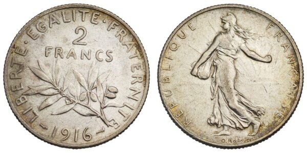 FRANCE 2 francs 1916 / Silver / VF+
