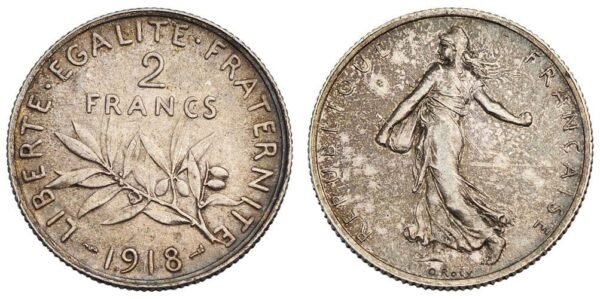 FRANCE 2 francs 1918 / Silver / VF+