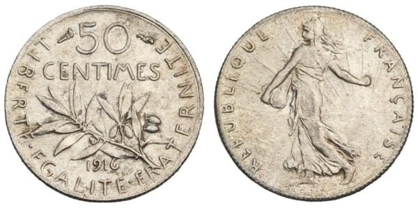 FRANCE 50 centimes 1916 / Silver / VF+