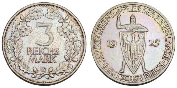 GERMANY 3 reichsmmark 1925G / 1000 Years of the Rhineland / Silver / XF