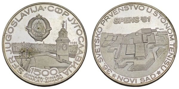 YUGOSLAVIA 1500 dinara 1981 / World Table Tennis Championships - SPENS ’81 / Silver / with handling marks / Proof