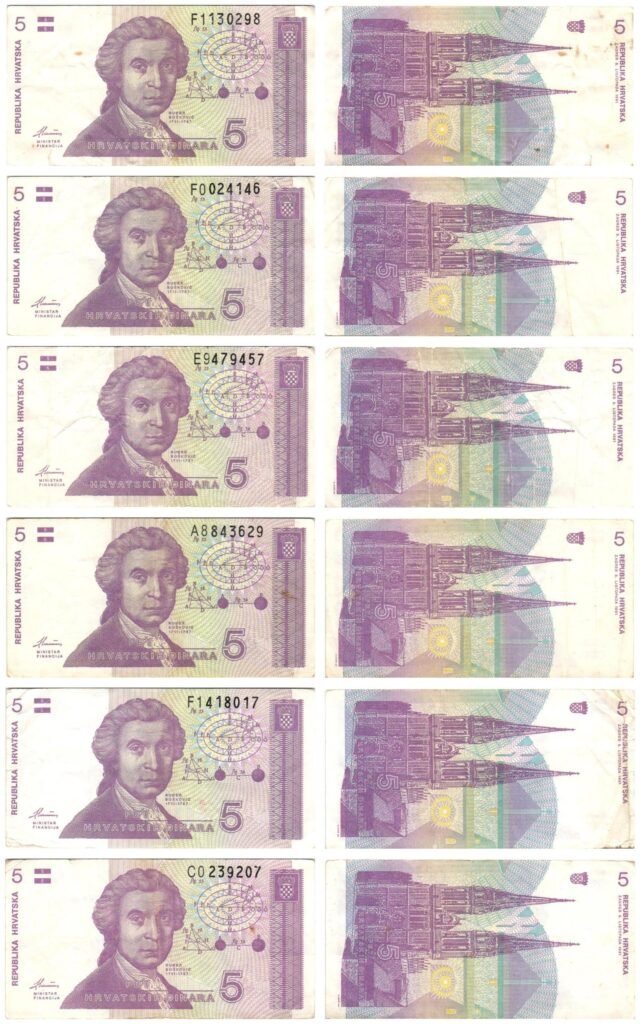 HRVATSKA 5 hrvatskih dinara 1991 novčanice lot / 6 kom. / različita stanja očuvanosti