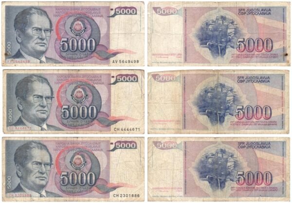 YUGOSLAVIA 5000 dinara 1985 / Josip Broz Tito / lower grades / banknotes lot / 3 pcs.