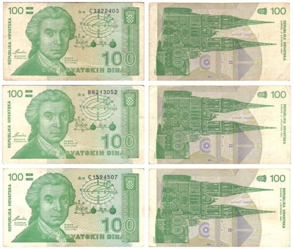 CROATIA 100 hrvatskih dinara 1991 / various grades / banknotes lot / 3 pcs.
