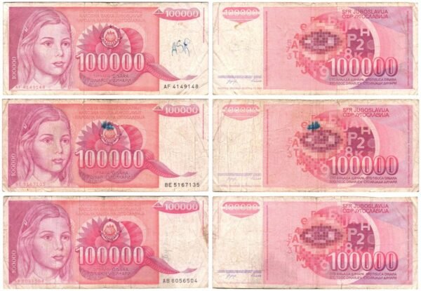 YUGOSLAVIA 100000 dinara 1989 / lower grades / banknotes lot / 3 pcs.