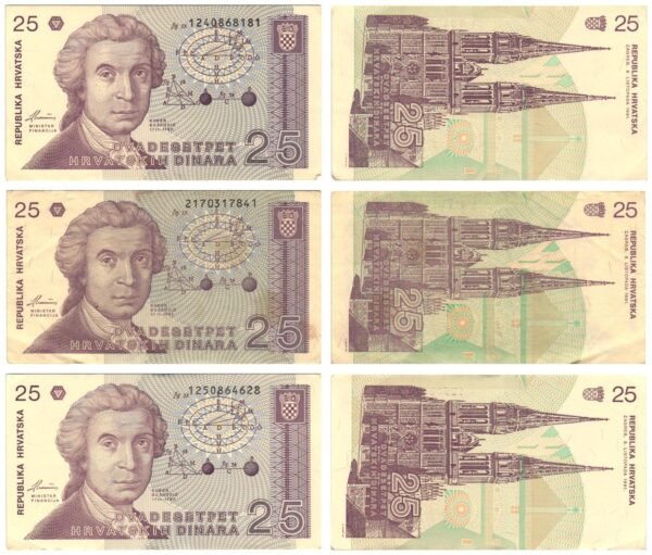 CROATIA 25 hrvatskih dinara 1991 / various grades / banknotes lot / 3 pcs.