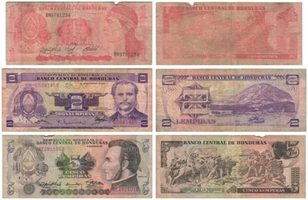 HONDURAS 1, 2, 5 lempiras / various dates / lower grades / banknotes lot / 3 pcs.