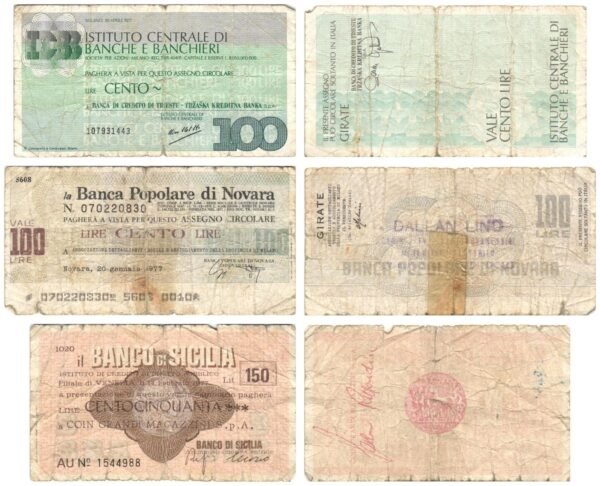 ITALY 100, 150 lire / various dates / lower grades / purchase vouchers lot / 3 pcs.