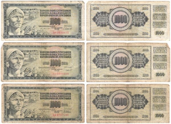 YUGOSLAVIA 1000 dinara / various dates / / lower grades / banknotes lot / 3 pcs.