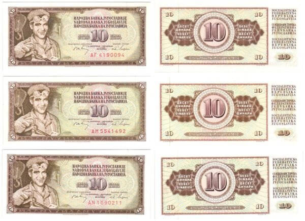 YUGOSLAVIA 10 dinara 1968 / banknotes lot / 3 pcs.