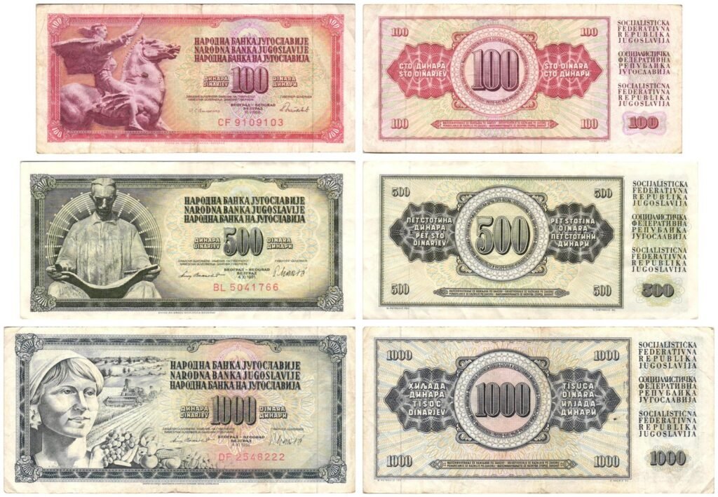 YUGOSLAVIA 100, 500, 1000 dinara / various dates / various grades / banknotes lot / 3 pcs.