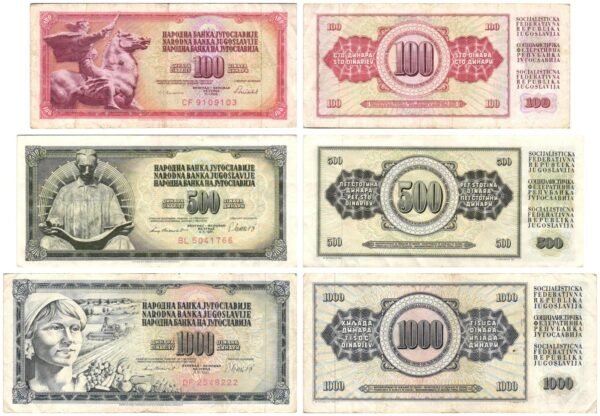 YUGOSLAVIA 100, 500, 1000 dinara / various dates / various grades / banknotes lot / 3 pcs.