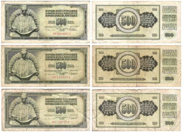 YUGOSLAVIA 500 dinara / various dates / various grades / banknotes lot / 3 pcs.