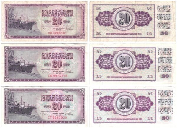 YUGOSLAVIA 20 dinara 1978 / various grades / banknotes lot / 3 pcs.