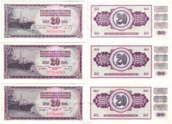 YUGOSLAVIA 20 dinara 1974 / various grades / banknotes lot / 3 pcs.