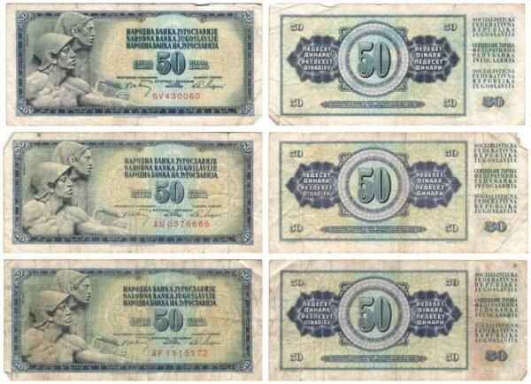 YUGOSLAVIA 50 dinara 1968 / various grades / banknotes lot / 3 pcs.