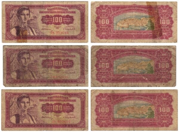 YUGOSLAVIA 100 dinara 1955 / lower grades / banknotes lot / 3 pcs.