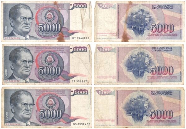 YUGOSLAVIA 5000 dinara 1985 / Josip Broz Tito / lower grades / banknotes lot / 3 pcs.