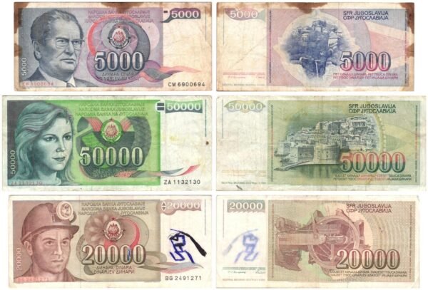 YUGOSLAVIA 5000, 20000, 50000 dinara / various dates / lower grades / banknotes lot / 3 pcs.