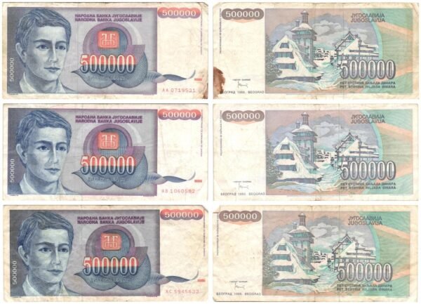 YUGOSLAVIA 500000 dinara 1993 / lower grades / banknotes lot / 3 pcs.