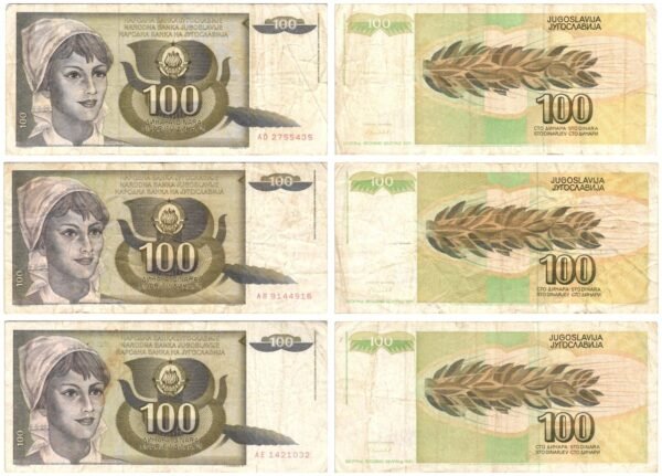 YUGOSLAVIA 100 dinara 1991 / various grades / banknotes lot / 3 pcs.