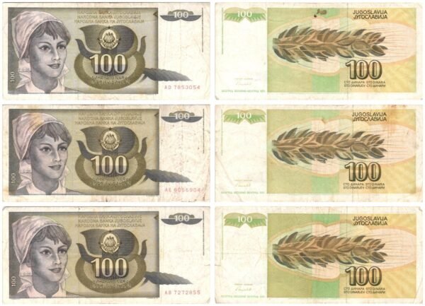 YUGOSLAVIA 100 dinara 1991 / various grades / banknotes lot / 3 pcs.
