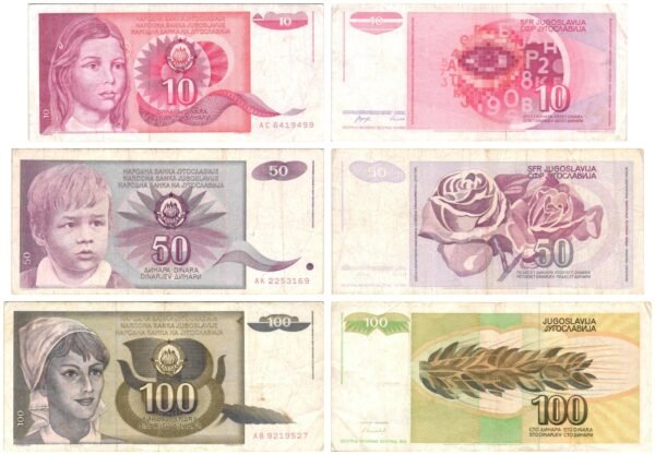 YUGOSLAVIA 10, 50, 100 dinara / various dates / various grades / banknotes lot / 3 pcs.