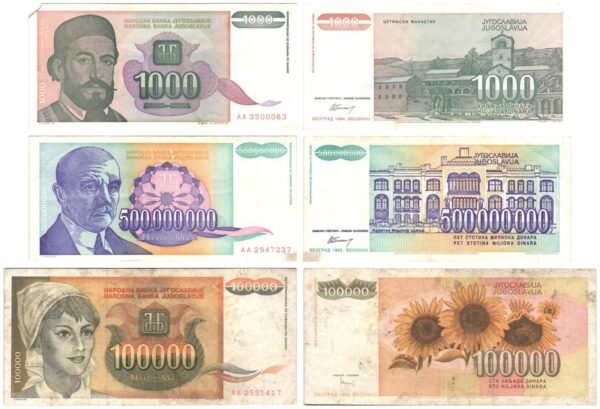 YUGOSLAVIA 1000, 100000, 500 million dinara / various dates / various grades / banknotes lot / 3 pcs.