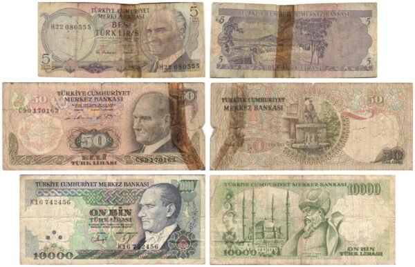 TURKEY 5, 50, 10000 lira / various dates / lower grades / banknotes lot / 3 pcs.