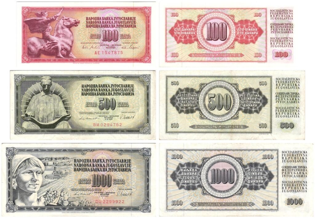 YUGOSLAVIA 100, 500, 1000 dinara / banknotes lot / 3 pcs.