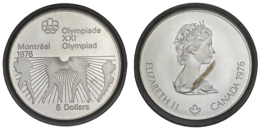 KANADA 5 dolara 1976 / XXI. Olimpijske igre Montreal / prljavština ili oštećenje na kapsuli / Srebro / UNC