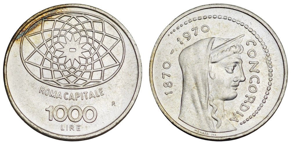 ITALIJA 1000 lira 1970R / Stogodišnjica Rima kao glavnog grada Italije / Srebro / UNC-