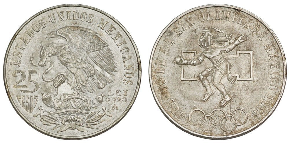 MEXICO 25 pesos 1968 / XIX Olympiad Mexico City / Silver / XF