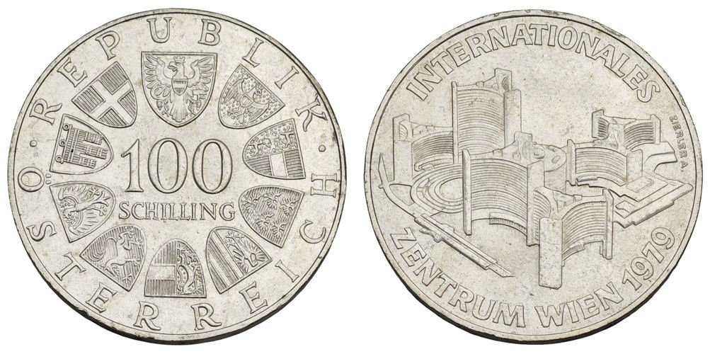 AUSTRIA 100 schilling 1979 / Vienna International Centre / Silver / XF