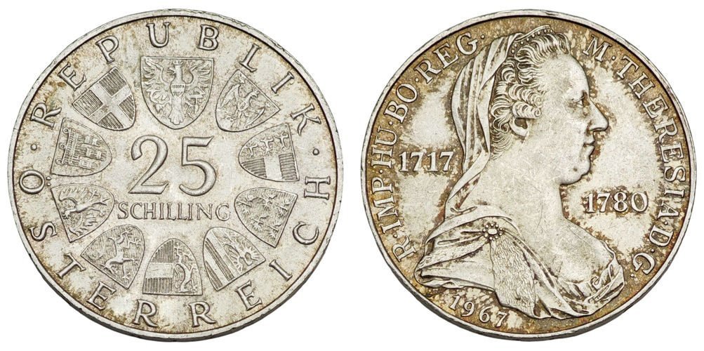 AUSTRIA 25 schilling 1967 / 250th Anniversary of Maria Theresa's Birth / Silver / VF+