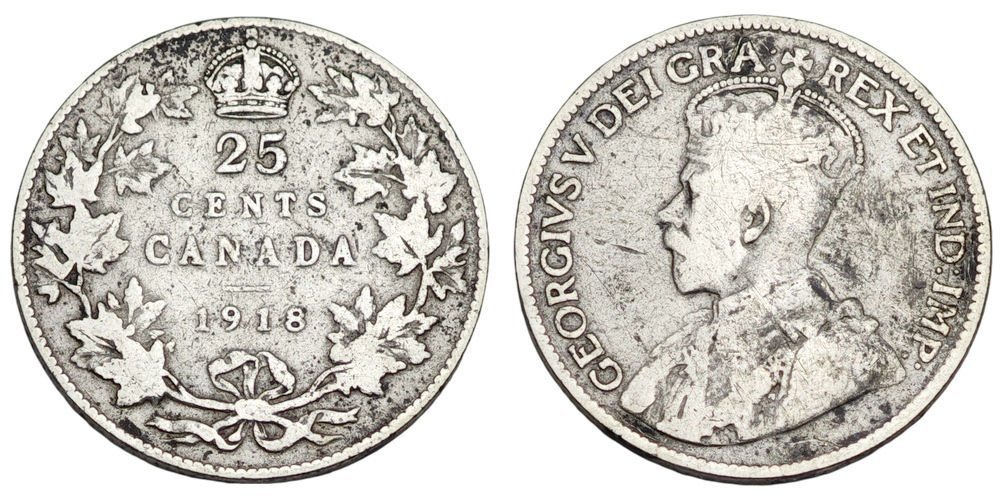 KANADA 25 centa 1918. / George V / Srebro / VF-