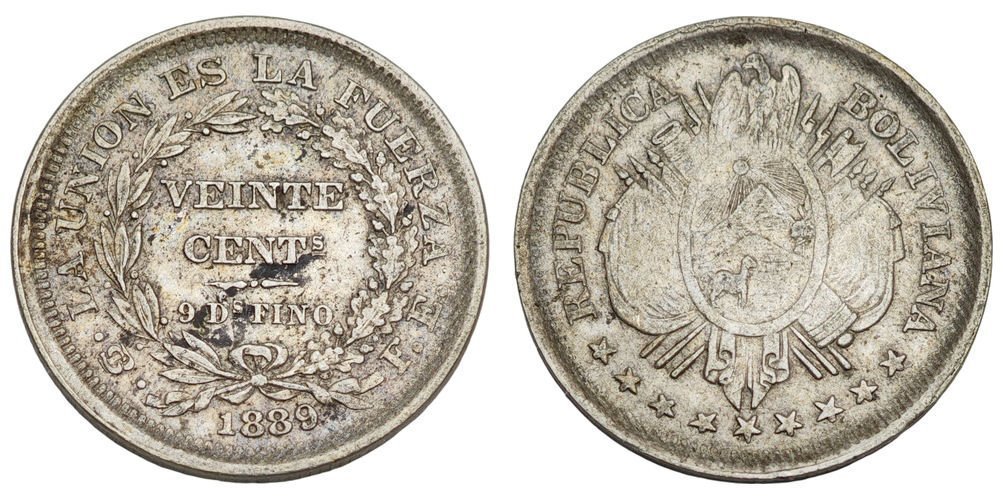 BOLIVIA 20 centavos 1889 / Silver / VF