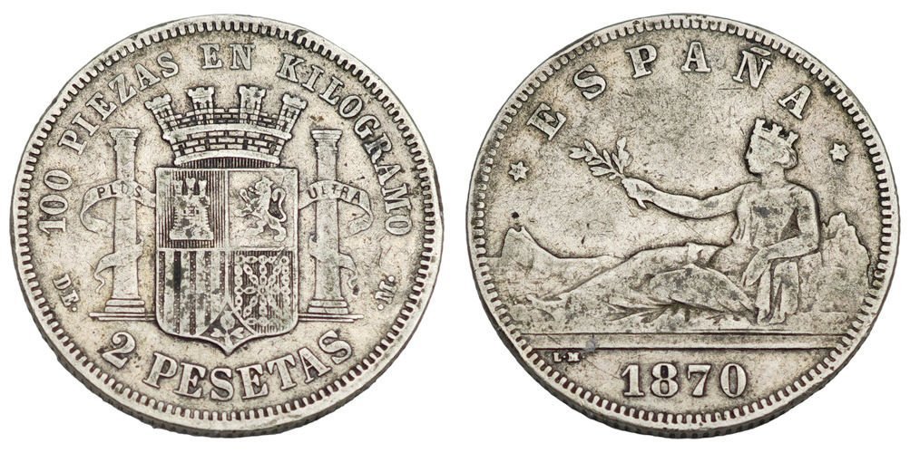 SPAIN 2 pesetas 1870 / Silver / VF