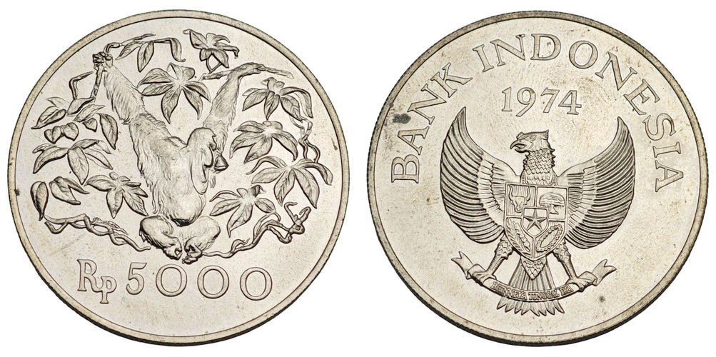 INDONESIA 5000 rupias 1974 / Orangután / Plata / EBC+